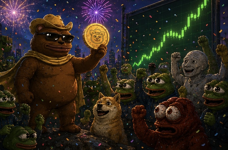The Bobo community celebrating in front of a rising green chart